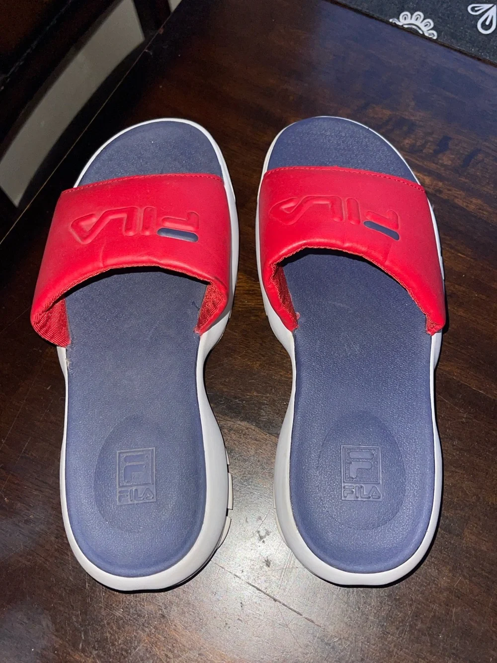 Fila Red Strap Navy Footbed White Sole Slide Sandals